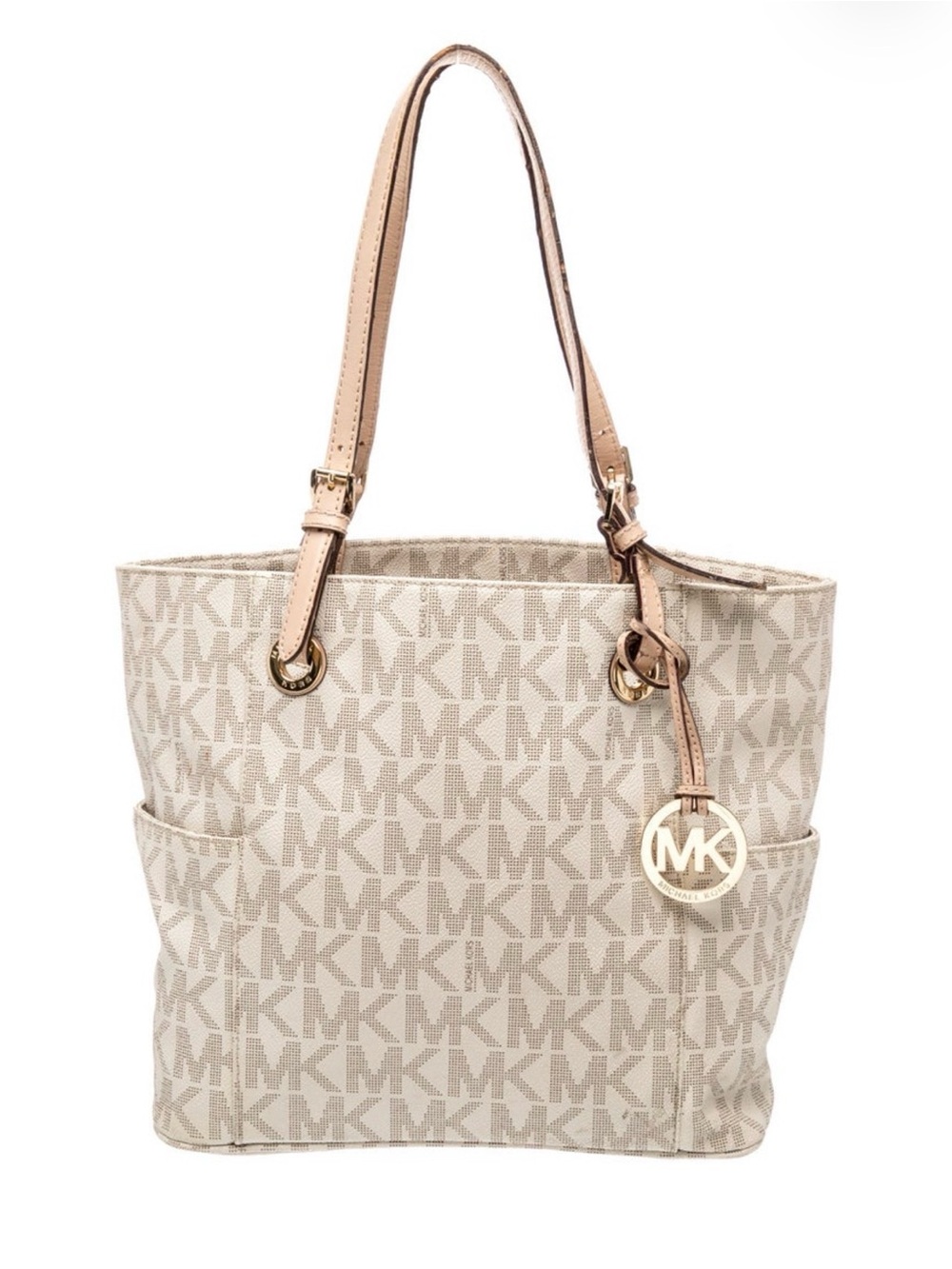 Michael Kors Beige Logo Tote with Gold MK Charm and Tan Straps